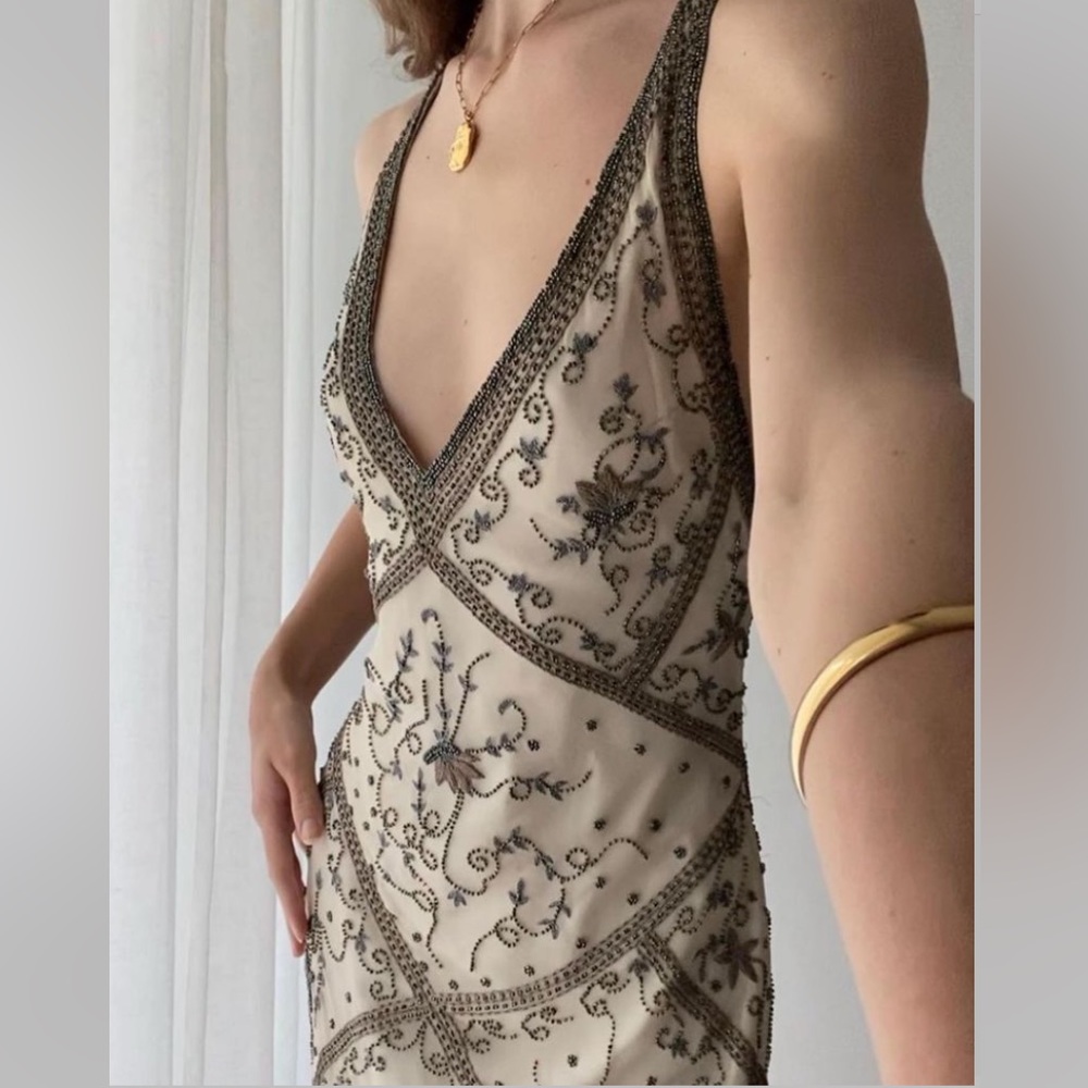 Vintage 90’s 100% Silk Beaded Dress Silk Slip Dress Backless White Gown Prom Y2K - Picture 6 of 16